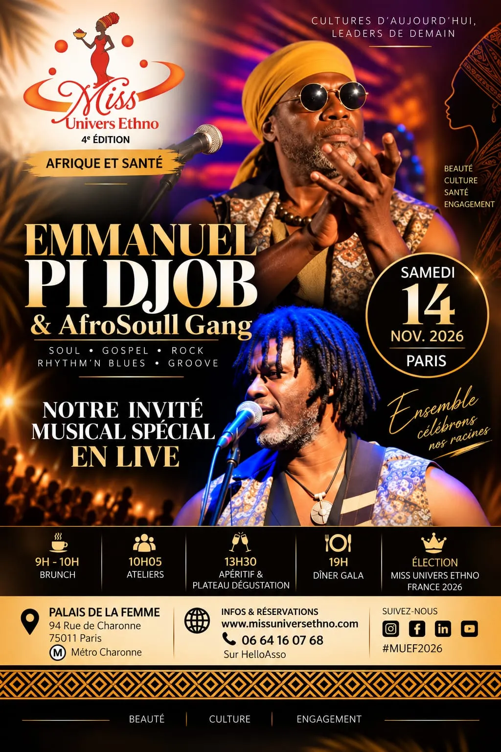 Affiche de Miss Univers Ethno 2026, 4e édition « Afrique et Santé » — invité musical Emmanuel Pi Djob & AfroSoull Gang, samedi 14 novembre 2026 à Paris.